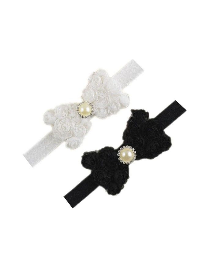 Baby Girls Headbands Lace Rose Bows Pearl Elastic Hair Band Kids With15 Colors (2 Pcsblack+White)