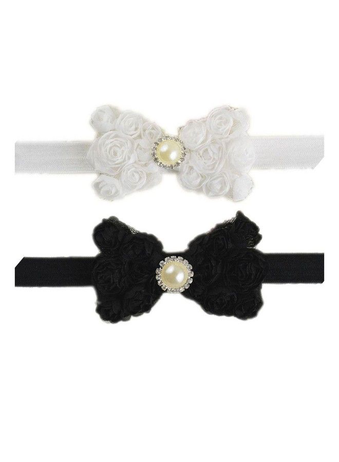 Baby Girls Headbands Lace Rose Bows Pearl Elastic Hair Band Kids With15 Colors (2 Pcsblack+White)