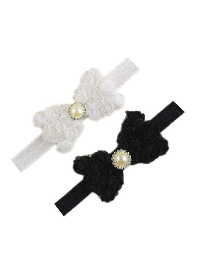 Baby Girls Headbands Lace Rose Bows Pearl Elastic Hair Band Kids With15 Colors (2 Pcsblack+White)