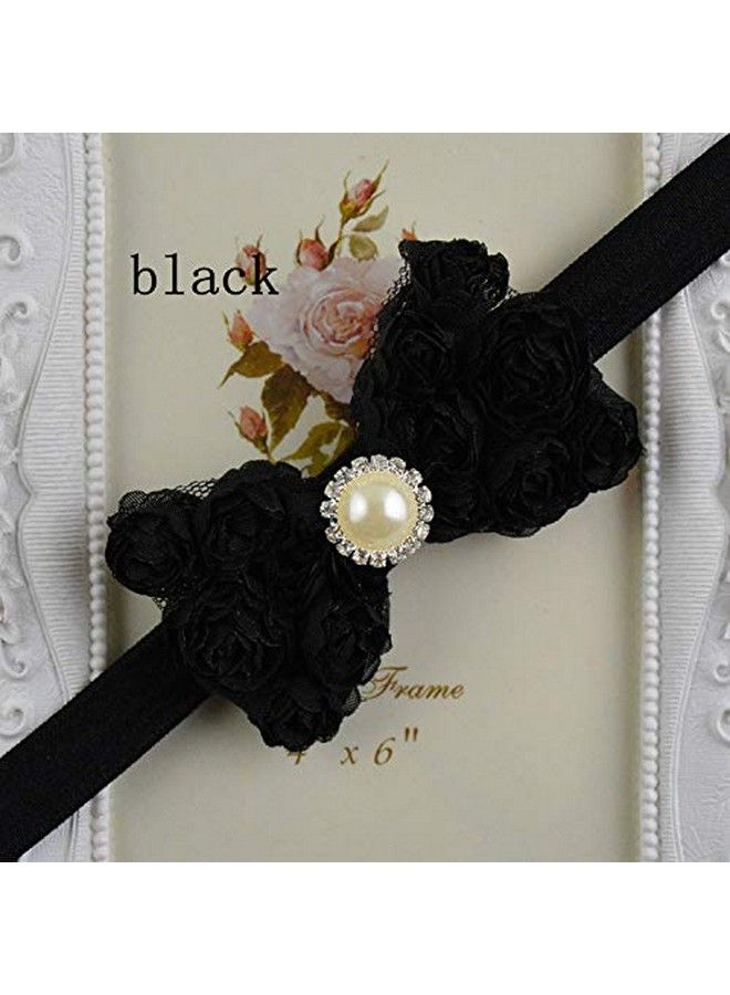 Baby Girls Headbands Lace Rose Bows Pearl Elastic Hair Band Kids With15 Colors (2 Pcsblack+White)