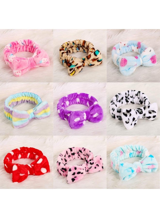 Eenitor 9Pcs Bow Headbands Soft Carol Fleece Hairlace Hairbands For Washing Face Makeup Shower Women Fuzzy Headbands Spa Party Headbands