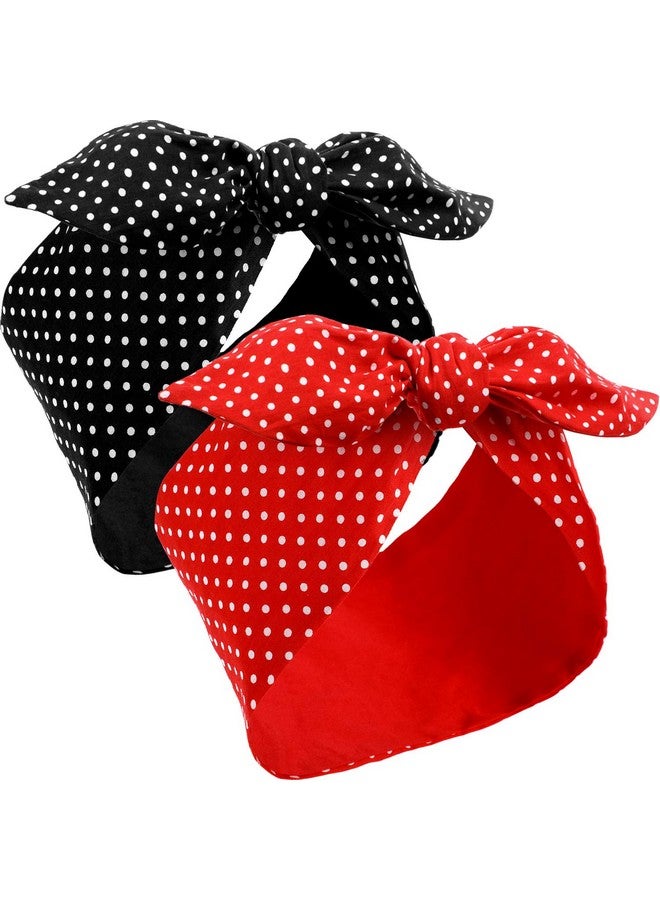 2 Pieces Polka Dot Headband Bandana Headband 50S Costume Hair Accessories Bows Wide Headwrap For Women And Girls (Small Dots Red Black)