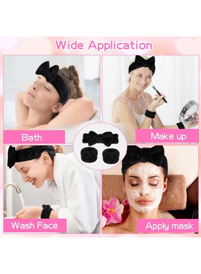 Makeup Headbands 1Pcs Black Spa Headband Fluffy Bow Tie Headband Microfiber Face Headband And 2Pcs Wrist Spa Wash Band Absorbent Wristbands For Washing Face Skin Care