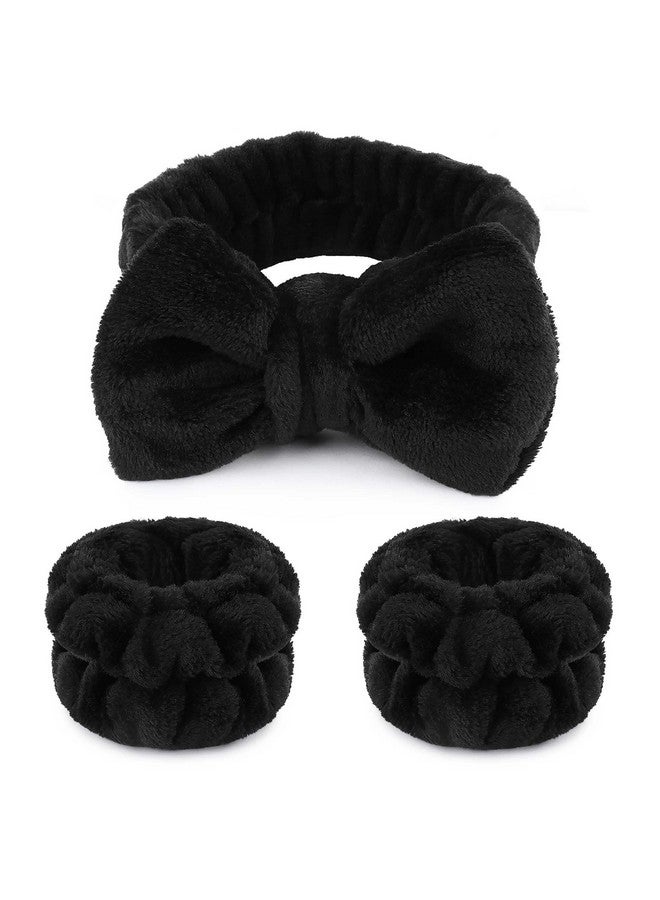 Makeup Headbands 1Pcs Black Spa Headband Fluffy Bow Tie Headband Microfiber Face Headband And 2Pcs Wrist Spa Wash Band Absorbent Wristbands For Washing Face Skin Care