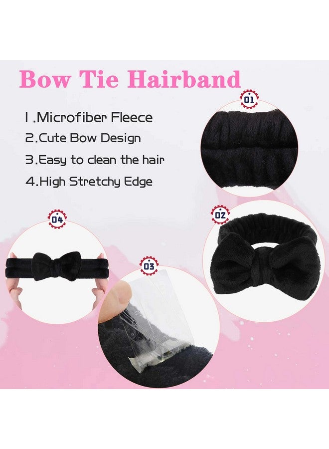 Makeup Headbands 1Pcs Black Spa Headband Fluffy Bow Tie Headband Microfiber Face Headband And 2Pcs Wrist Spa Wash Band Absorbent Wristbands For Washing Face Skin Care