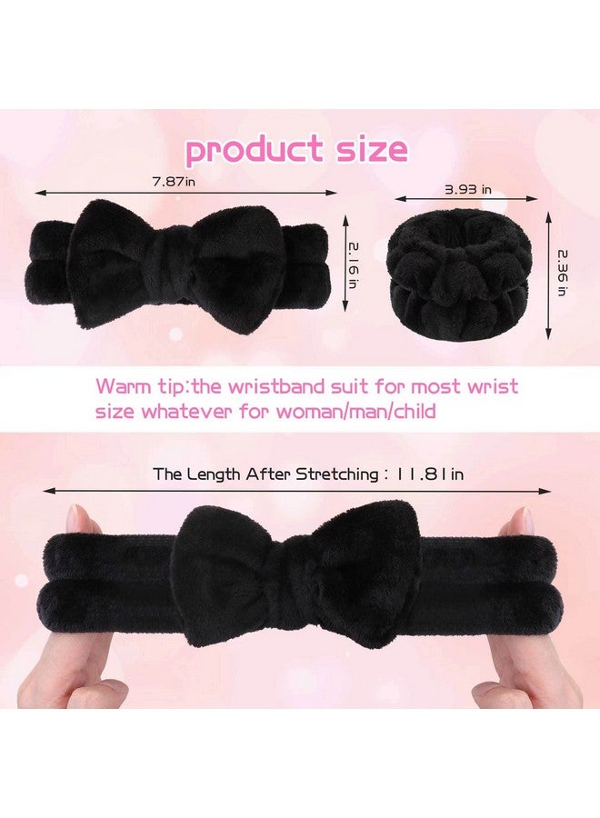 Makeup Headbands 1Pcs Black Spa Headband Fluffy Bow Tie Headband Microfiber Face Headband And 2Pcs Wrist Spa Wash Band Absorbent Wristbands For Washing Face Skin Care