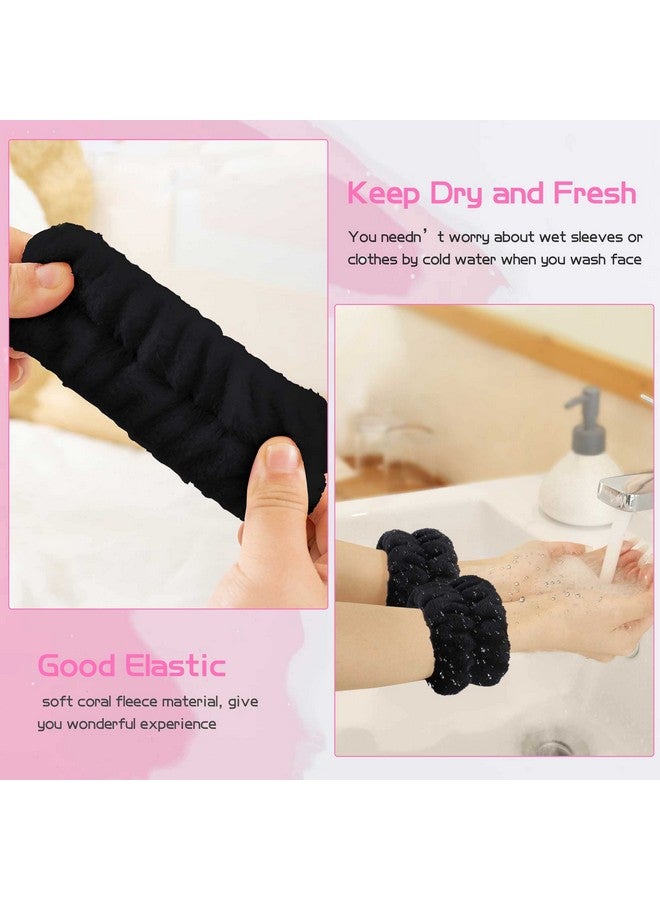 Makeup Headbands 1Pcs Black Spa Headband Fluffy Bow Tie Headband Microfiber Face Headband And 2Pcs Wrist Spa Wash Band Absorbent Wristbands For Washing Face Skin Care