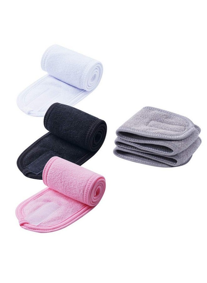 4 Pcs Facial Spa Headbands(White Black Pink，Gray)， Makeup Shower Bath Wrap Sport Headband Terry Cloth Stretch Towel With Magic Tape