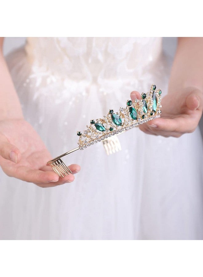 Crystal Tiara With Comb For Women Queen Crown Wedding Bridal Party (Green)