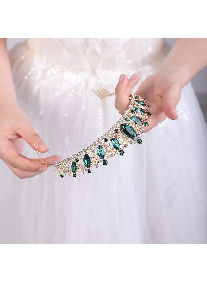 Crystal Tiara With Comb For Women Queen Crown Wedding Bridal Party (Green)