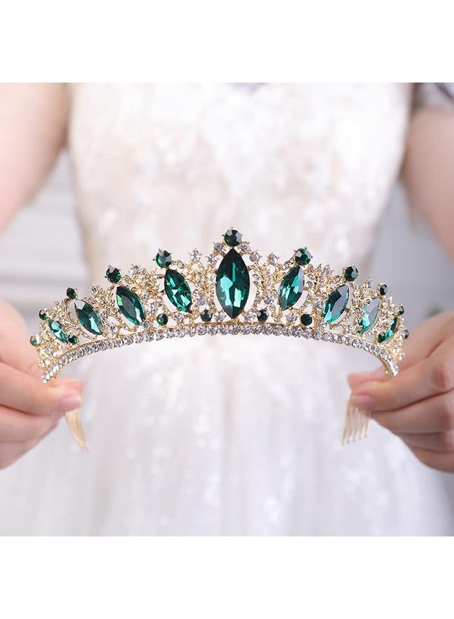 Crystal Tiara With Comb For Women Queen Crown Wedding Bridal Party (Green)
