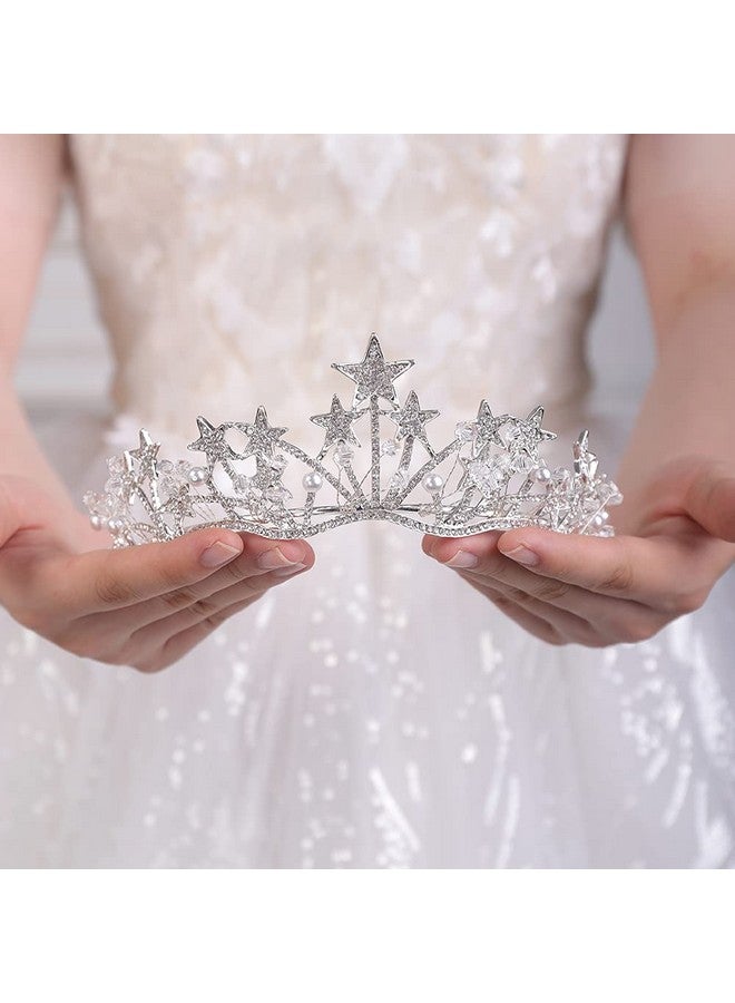 Crystal Pearl Queen Tiara For Women And Girls Sparkling Headpiece (Silver)
