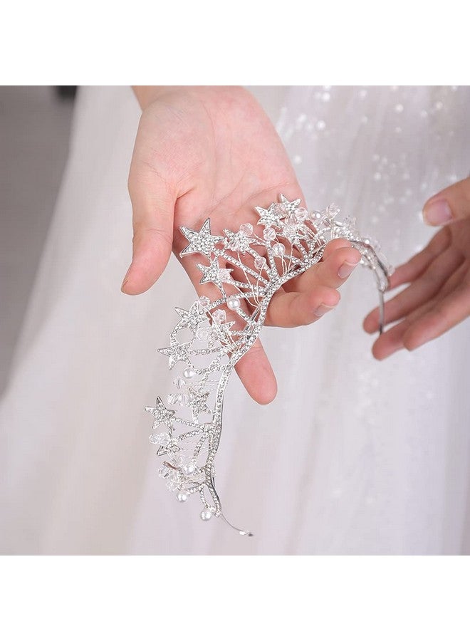 Crystal Pearl Queen Tiara For Women And Girls Sparkling Headpiece (Silver)