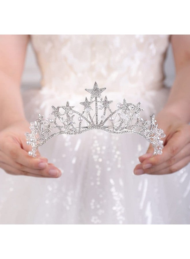 Crystal Pearl Queen Tiara For Women And Girls Sparkling Headpiece (Silver)