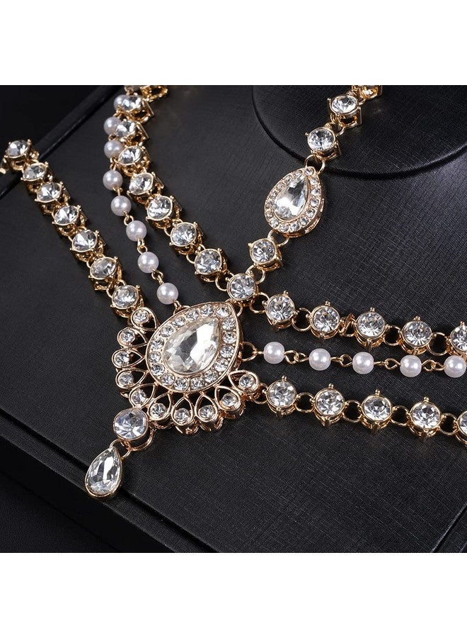 Boho Rhinestone Head Chain Pearl Headchain Bride Headpiece Headband Wedding Hair Accessories For Women And Girls (Gold)