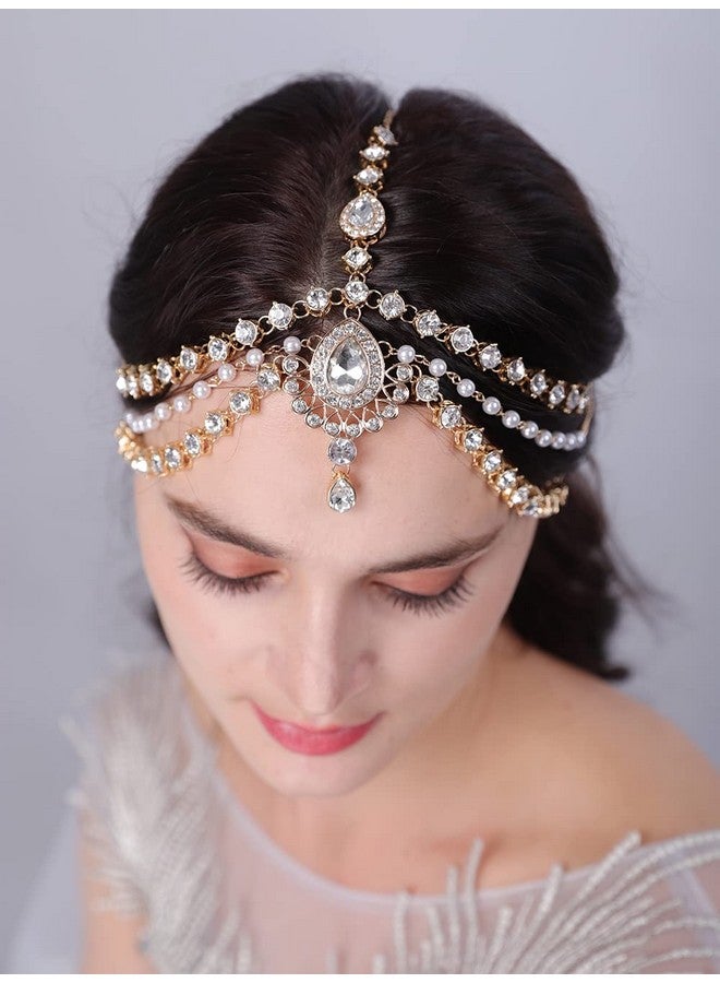 Boho Rhinestone Head Chain Pearl Headchain Bride Headpiece Headband Wedding Hair Accessories For Women And Girls (Gold)