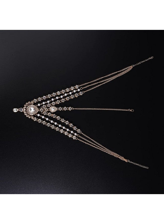Boho Rhinestone Head Chain Pearl Headchain Bride Headpiece Headband Wedding Hair Accessories For Women And Girls (Gold)