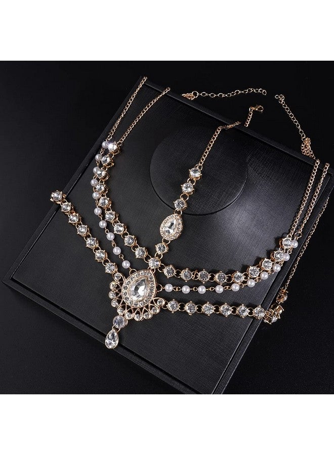 Boho Rhinestone Head Chain Pearl Headchain Bride Headpiece Headband Wedding Hair Accessories For Women And Girls (Gold)