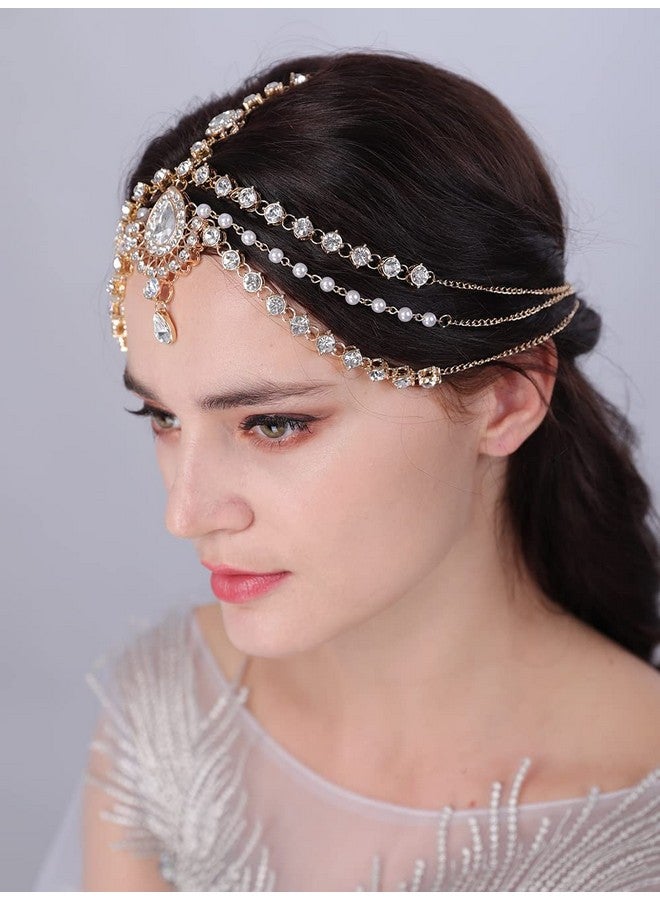 Boho Rhinestone Head Chain Pearl Headchain Bride Headpiece Headband Wedding Hair Accessories For Women And Girls (Gold)