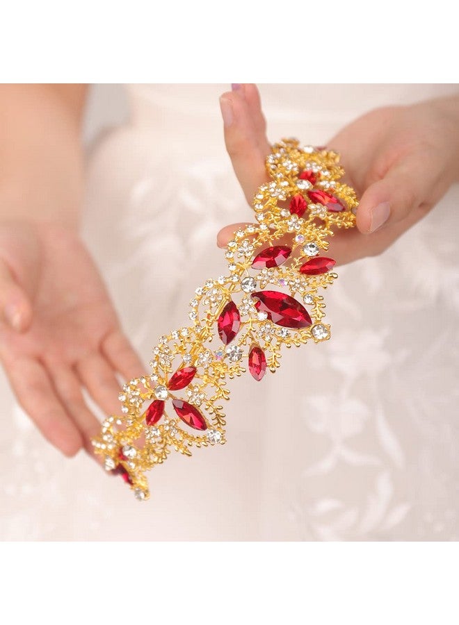 Gold Tiara And Crown For Women Red Gem Crown Rhinestone Queen Headband For Wedding Crystal Wedding Hair Accessories For Bachelor Party Pageant Prom Halloween Costume
