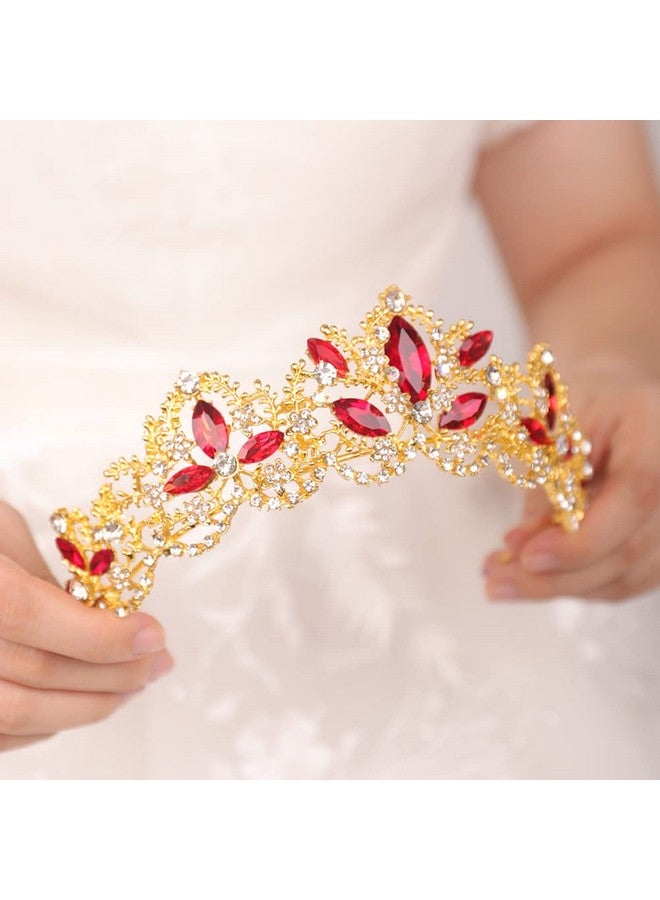 Gold Tiara And Crown For Women Red Gem Crown Rhinestone Queen Headband For Wedding Crystal Wedding Hair Accessories For Bachelor Party Pageant Prom Halloween Costume