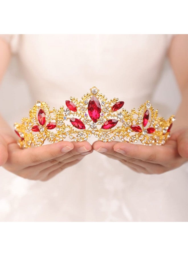 Gold Tiara And Crown For Women Red Gem Crown Rhinestone Queen Headband For Wedding Crystal Wedding Hair Accessories For Bachelor Party Pageant Prom Halloween Costume