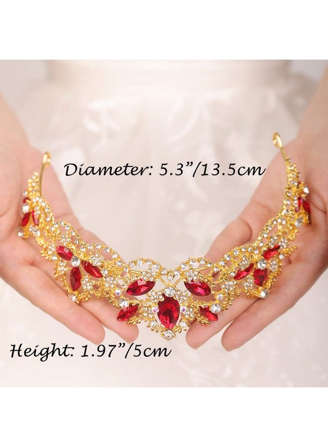 Gold Tiara And Crown For Women Red Gem Crown Rhinestone Queen Headband For Wedding Crystal Wedding Hair Accessories For Bachelor Party Pageant Prom Halloween Costume