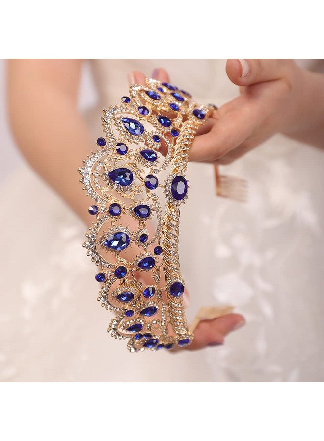 Navy Blue Crystal Rhinestones Baroque Queen Crowns And Tiaras With Comb Wedding Bridal Headband Hair Accessories For Bachelor Party Wedding Prom