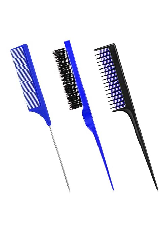 3 Pieces Hair Styling Comb Set Includes Hair Brush Teasing Fluffy Hair Brush Rat Tail Comb Teasing Comb And Triple Teasing Comb For Women Back Combing Hair (Blue And Black Dark Blue)