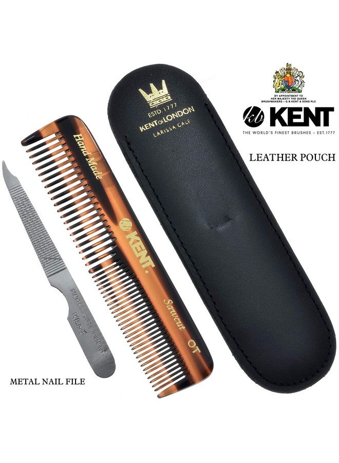 Nu19 Gift Set With Ot Fine Tooth/Wide Tooth Pocket Comb For Hair Mustache And Beard For Men Women And Kids. Travel Set With Leather Pouch And Stainless Steel Nail File. Handmade In England