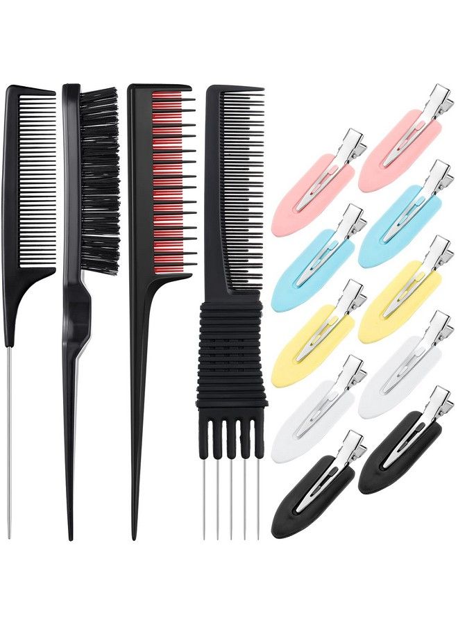 14 Pieces Hair Styling Comb Set Rattail Comb Pintail Comb Triple Teasing Comb Hair Combs Kit With 10 Pieces Duckbill Hair Clips For Hair Stylist Women Girls