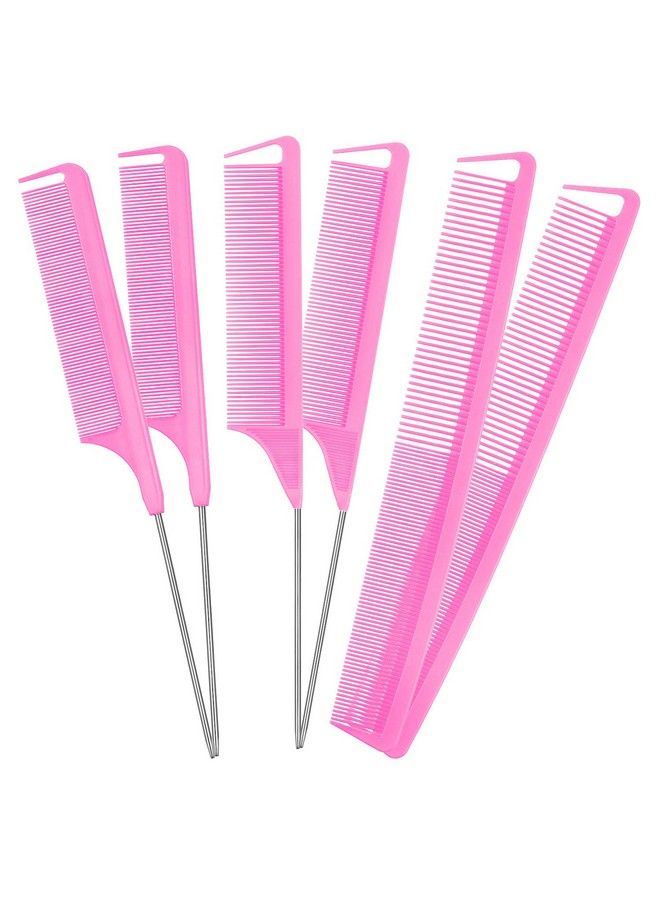 6 Pieces Parting Comb Rat Tail Hair Comb Cutting Comb Set Pintail Comb Carbon Fiber Teasing Comb Styling Comb With Stainless Steel Handle For Braids Salon Home Supplies (Pink)