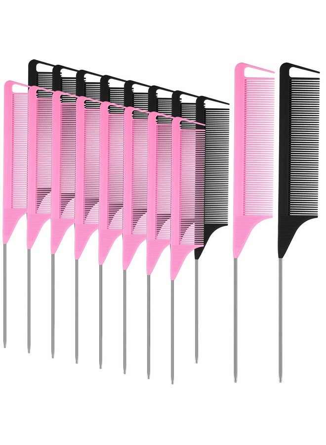 18 Pieces Parting Comb For Braids Rat Tail Comb Stainless Steel Pintail Comb Teasing Combs For Hair Cutting Hair Styling Hairdressing (Black Pink)