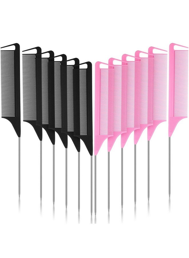 12 Pieces Parting Comb For Braids Rat Tail Comb Pintail Comb Teasing Combs With Stainless Steel Pintail For Hair Styling Hairdressing (Black Pink)