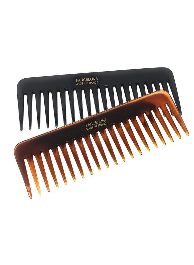 French Fluffy Large Set Of 2 Tortoise Shell And Black Color Celluloid Wide Tooth Volume Hair Detangling Combs