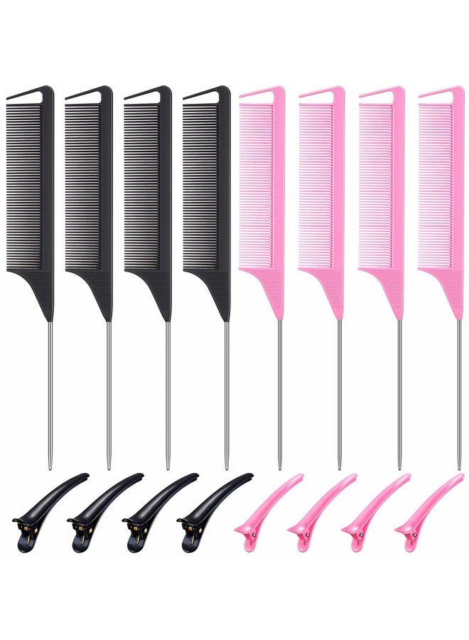 16 Pieces Parting Comb Sectioning Clips Set Carbon Stainless Rat Tail Combs Pintail Comb And Duckbill Hairpin Barber Teasing Parting Styling Combs For Hair Styling Hairdressing (Black And Pink)