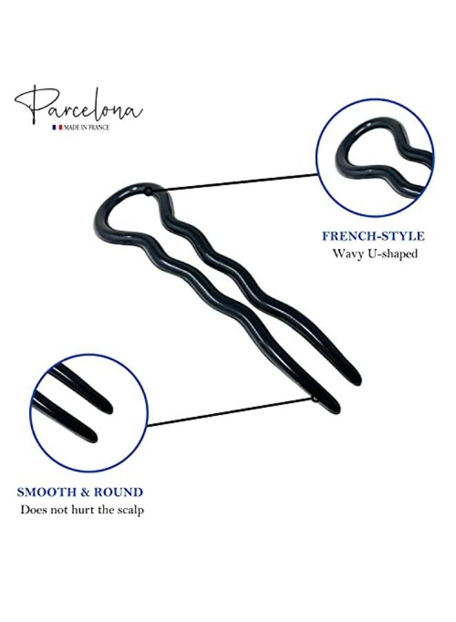 French Sleek 3.5 Inch Large Set Of 2 Wavy Crink U Shaped Black Chignon Hair Pin