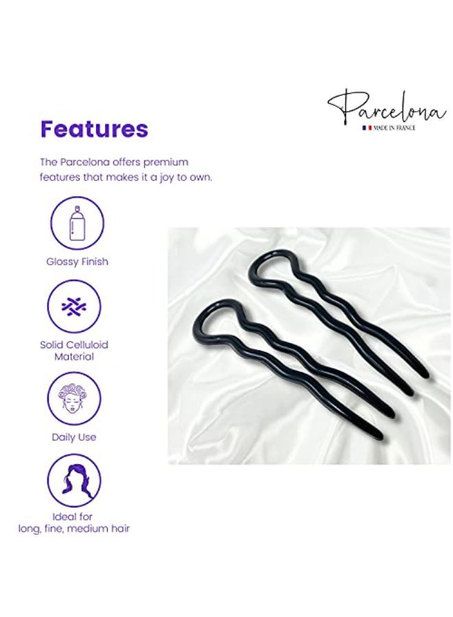 French Sleek 3.5 Inch Large Set Of 2 Wavy Crink U Shaped Black Chignon Hair Pin