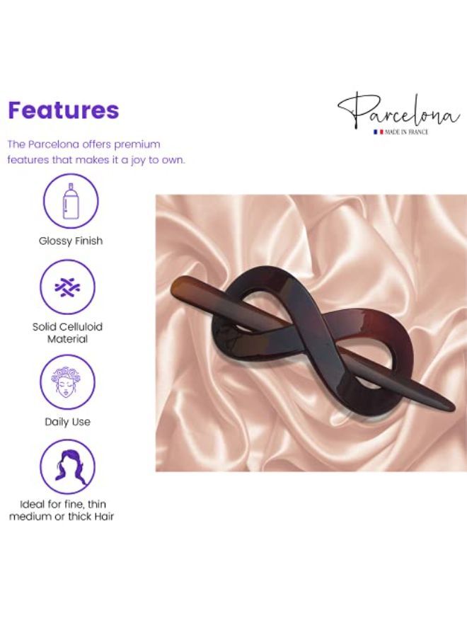 French Infinity Brown Tortoise Shell Hair Slider Pin Thru Barrette Clip With Stick For Fine Hair Women And Girls