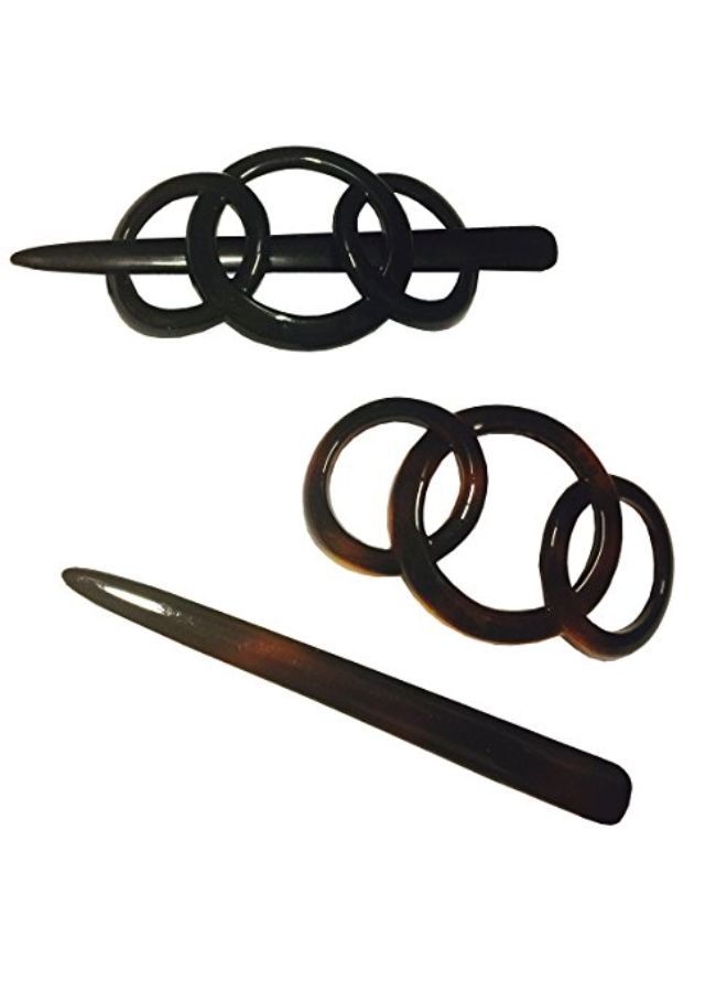 French Triple Ringed Tortoise Shell Brown N Glossy Black Hair Slider Pin Thru Ponytail Holder Hair Barrette With Stick - 2 Pieces