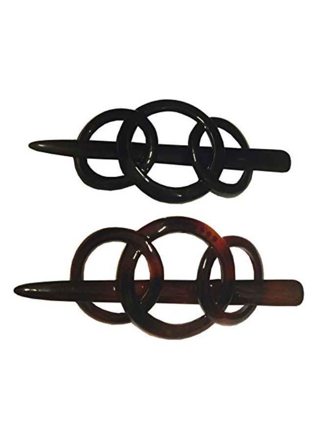 French Triple Ringed Tortoise Shell Brown N Glossy Black Hair Slider Pin Thru Ponytail Holder Hair Barrette With Stick - 2 Pieces