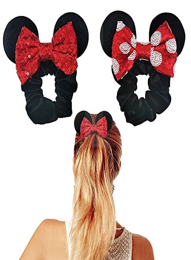 2 Pack Mouse Ear Scrunchies For Kids Velvet Hair Bow Scrunchies For Women - Sparkle Sequins Mouse Hair Bands For Pony Tail - Red & Black