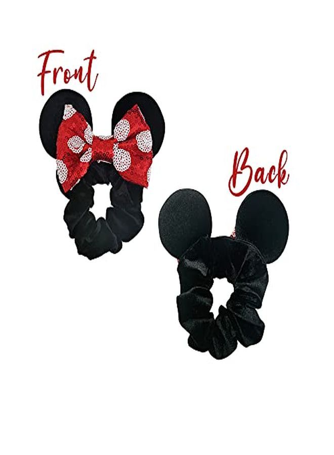 2 Pack Mouse Ear Scrunchies For Kids Velvet Hair Bow Scrunchies For Women - Sparkle Sequins Mouse Hair Bands For Pony Tail - Red & Black