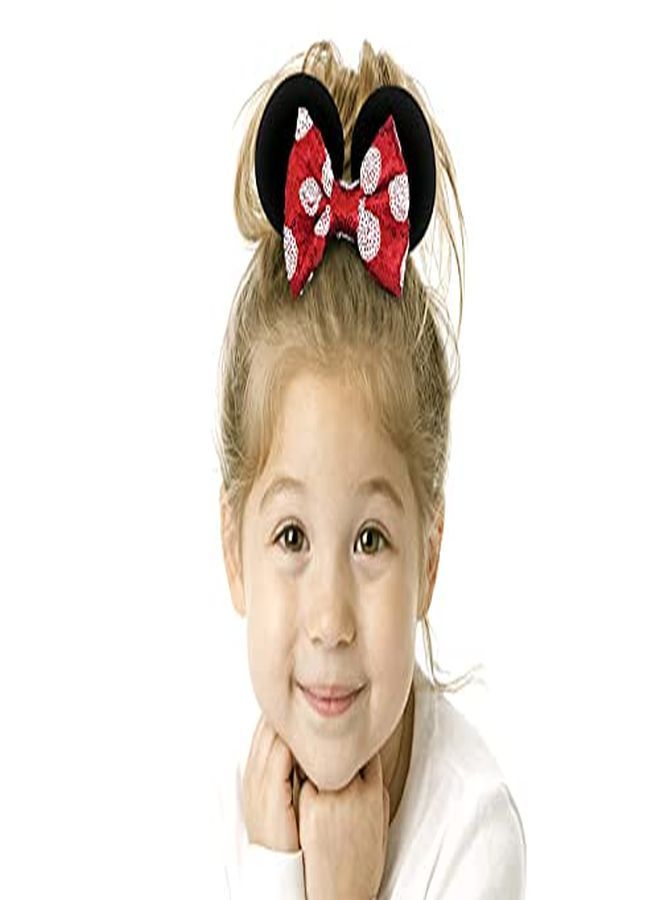 2 Pack Mouse Ear Scrunchies For Kids Velvet Hair Bow Scrunchies For Women - Sparkle Sequins Mouse Hair Bands For Pony Tail - Red & Black