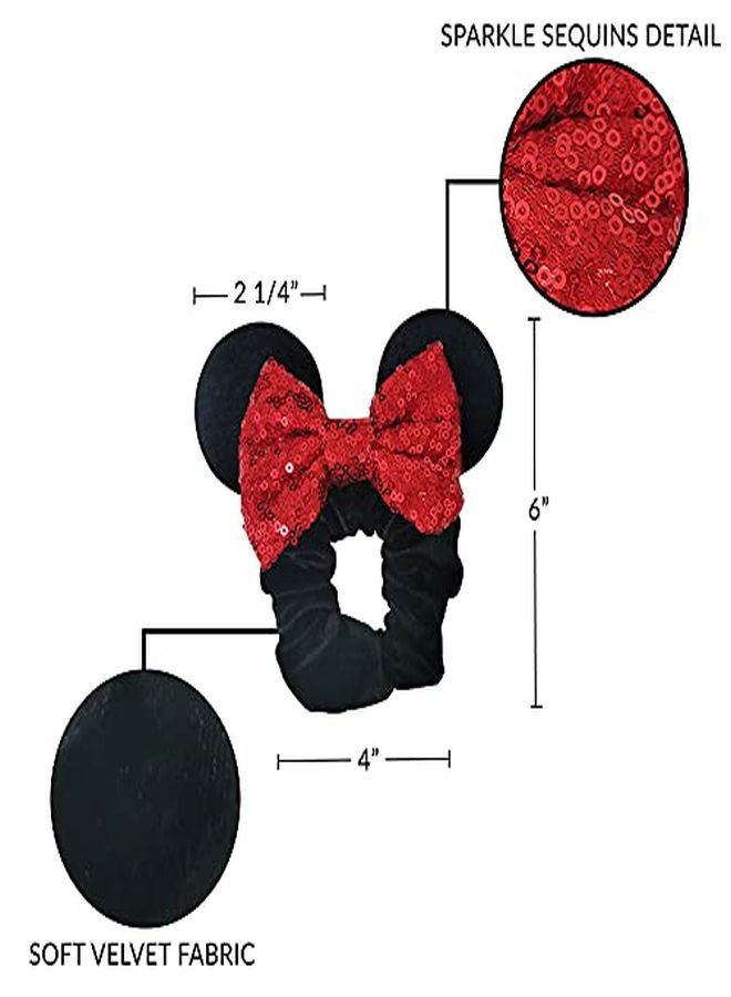 2 Pack Mouse Ear Scrunchies For Kids Velvet Hair Bow Scrunchies For Women - Sparkle Sequins Mouse Hair Bands For Pony Tail - Red & Black