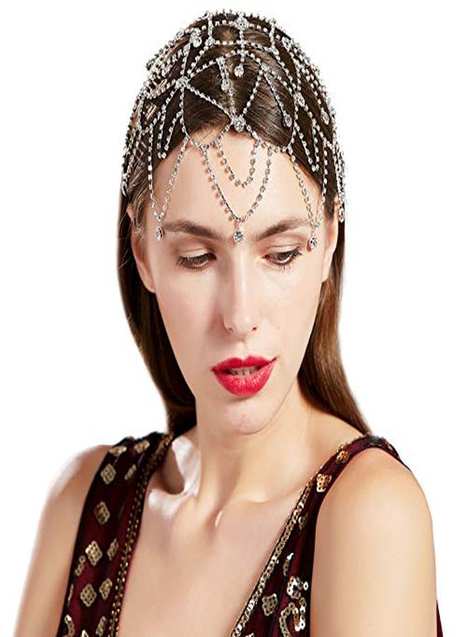 1920S Crystal Headband Cap Roaring 20S Great Gatsby Hair Accessories For Dance Party (Silver)