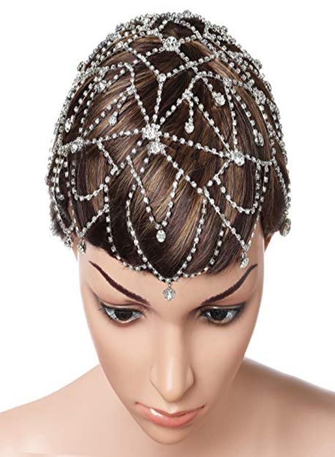 1920S Crystal Headband Cap Roaring 20S Great Gatsby Hair Accessories For Dance Party (Silver)