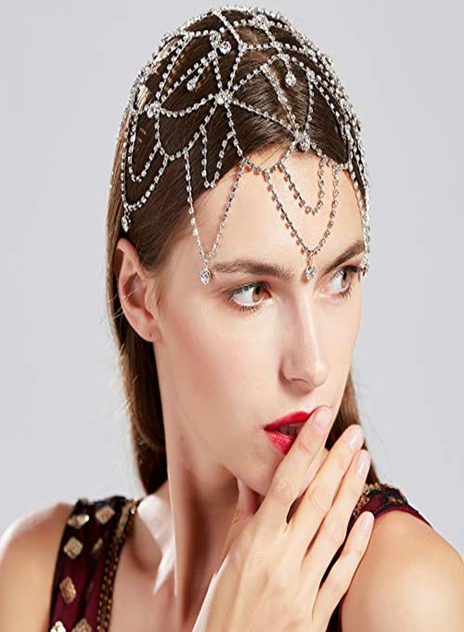 1920S Crystal Headband Cap Roaring 20S Great Gatsby Hair Accessories For Dance Party (Silver)