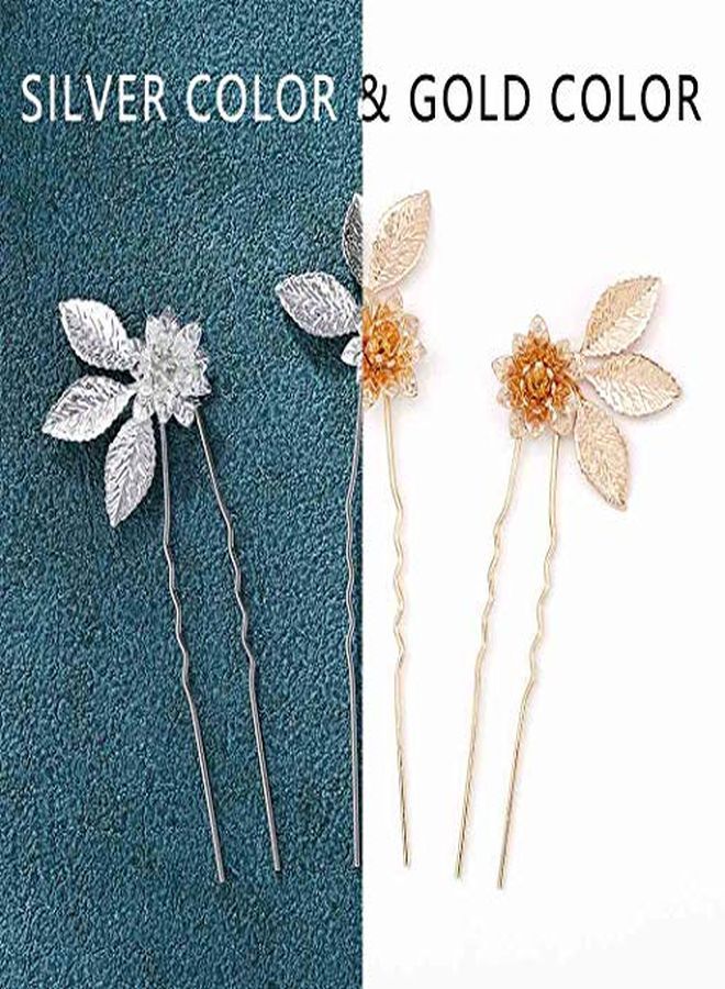 Wedding Hair Pins Flower Hairpins Hair Set Leaf Jewelry Decorative Bridal Hair Accessories For Women And Girls Pack Of 3 (Gold)