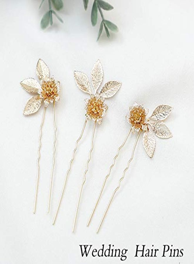 Wedding Hair Pins Flower Hairpins Hair Set Leaf Jewelry Decorative Bridal Hair Accessories For Women And Girls Pack Of 3 (Gold)